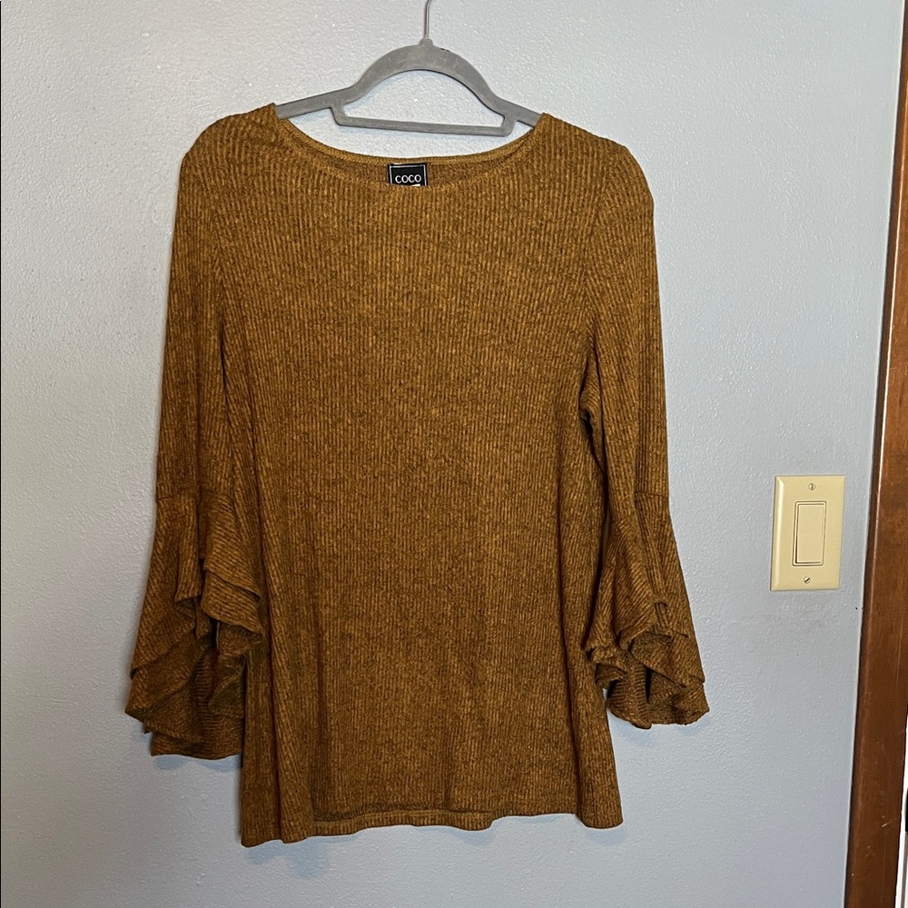 Coco Bianco Mustard Ribbed Top with Ruffle Sleeves